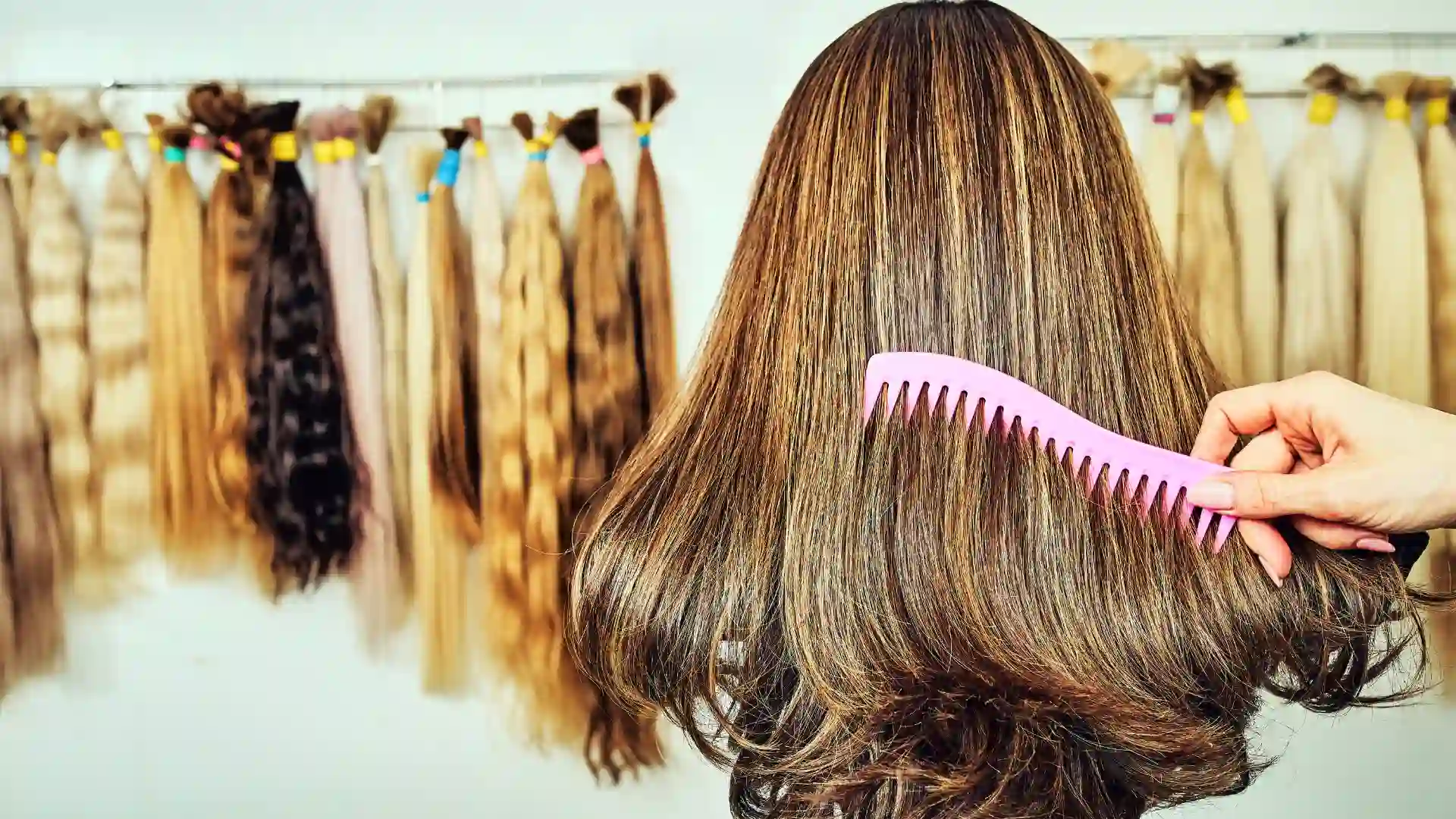 Woman combing smooth hair in salon with hair extensions displayed
